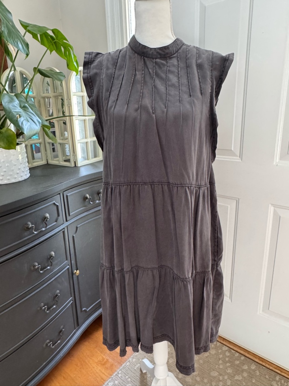 Anthropologie Washed Charcoal Tiered Mini Dress Size M - Picture 3 of 6